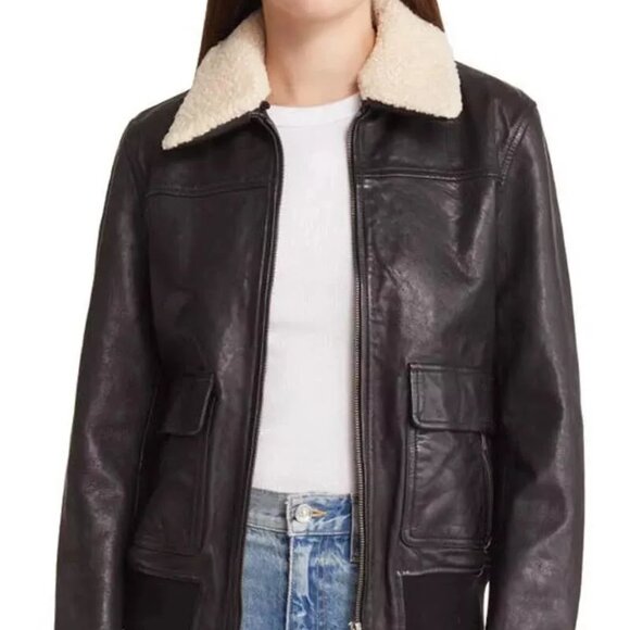 NEW Treasure & Bond Leather Bomber Jacket with Faux Shearling Collar Size S#2060 - Picture 2 of 7